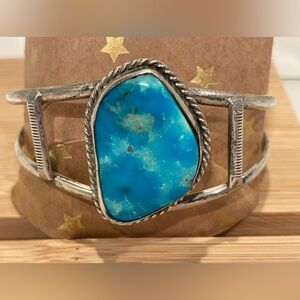 Navajo Sterling Silver & Large Natural Turquoise Split Shaft Cuff Bracelet.
